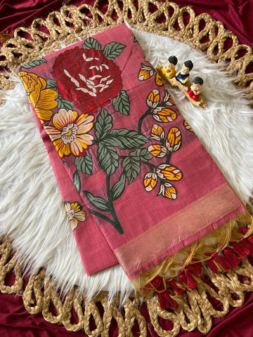 Pink Muga Cotton Floral Pallu Saree