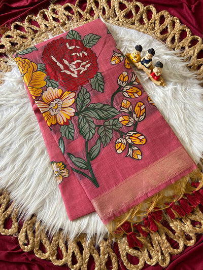 Pink Muga Cotton Floral Pallu Saree