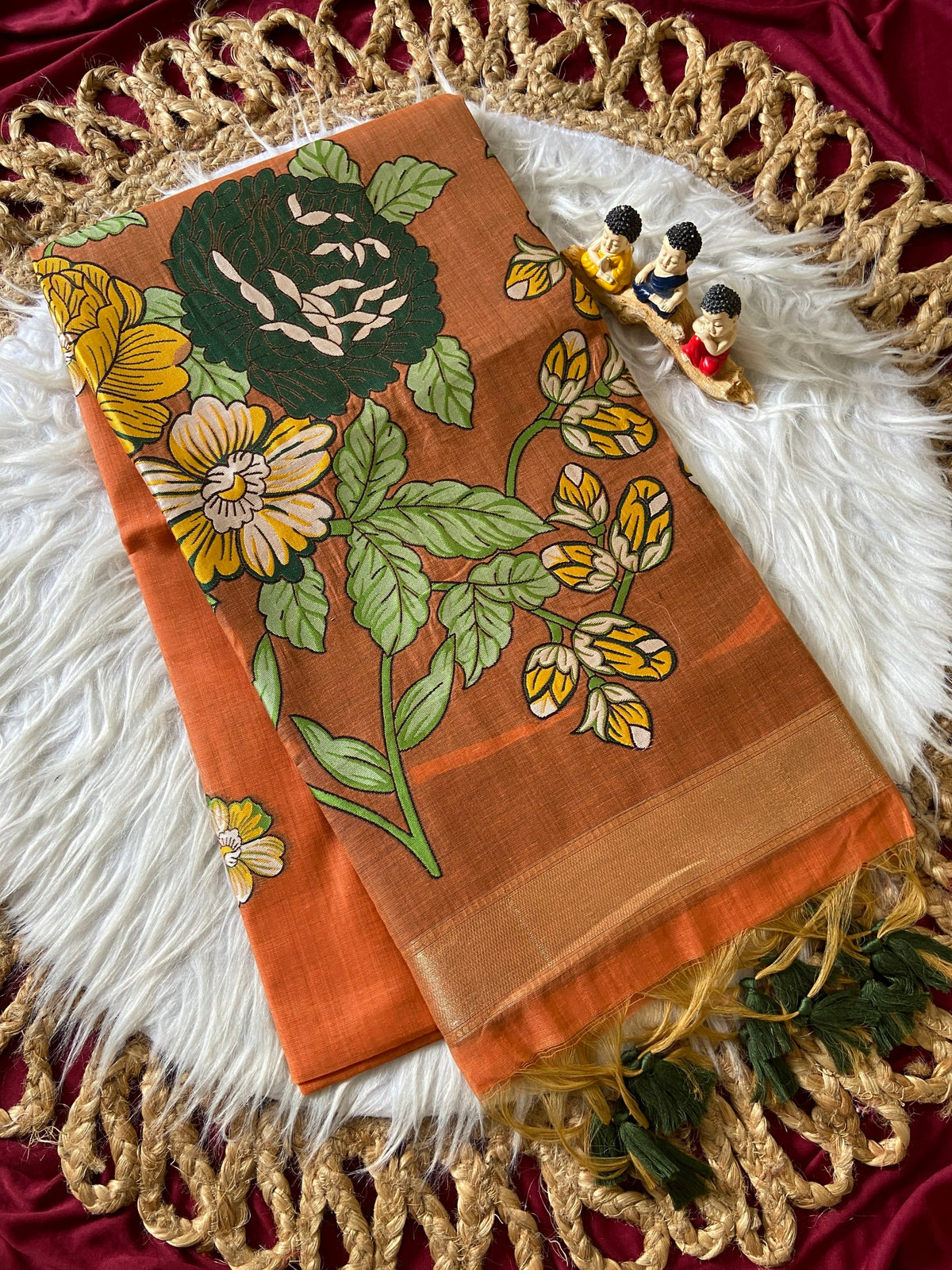 Orange Muga Cotton Floral Pallu Saree