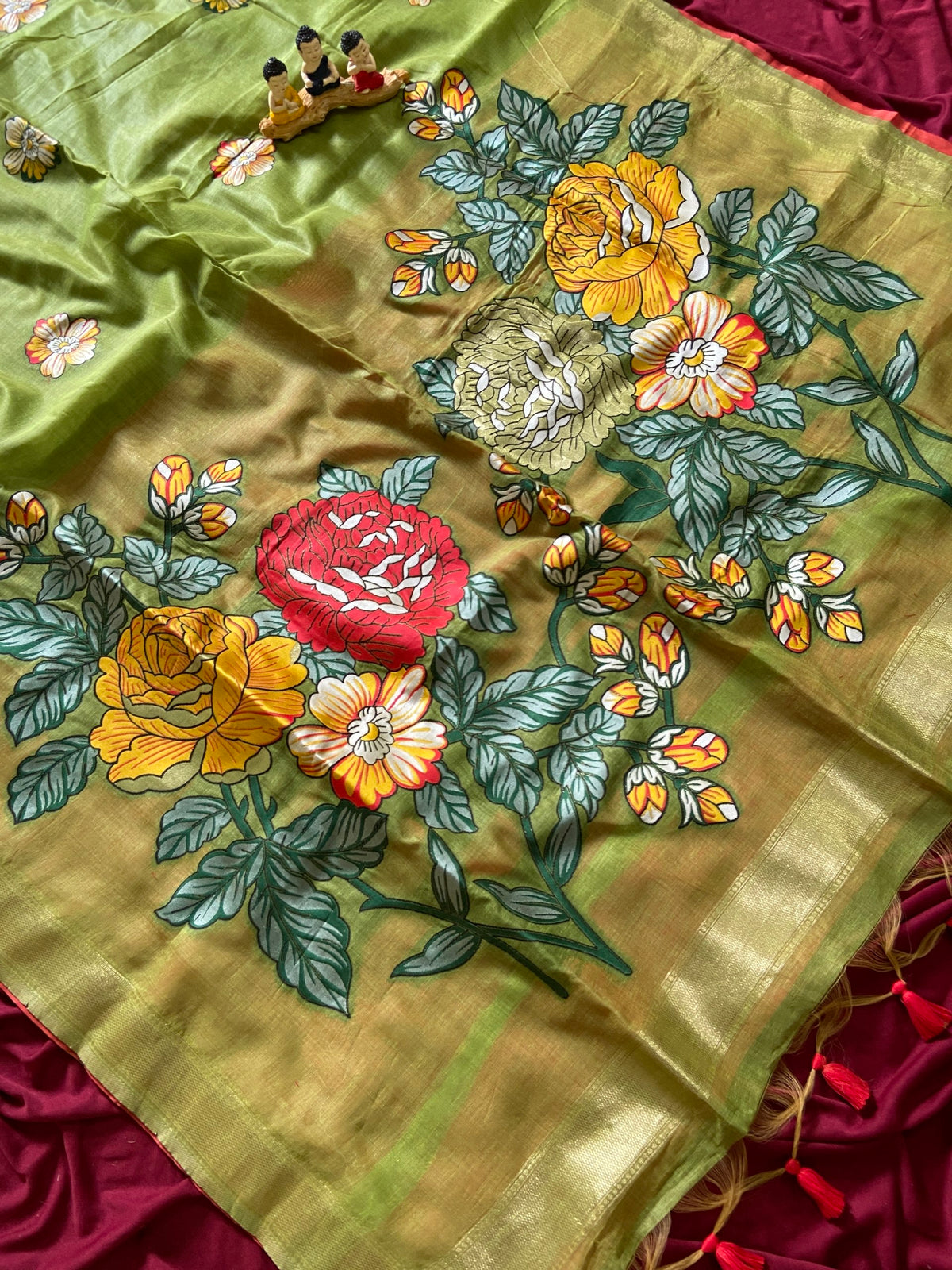 Parrot Green Muga Cotton Floral Pallu Saree, view 2