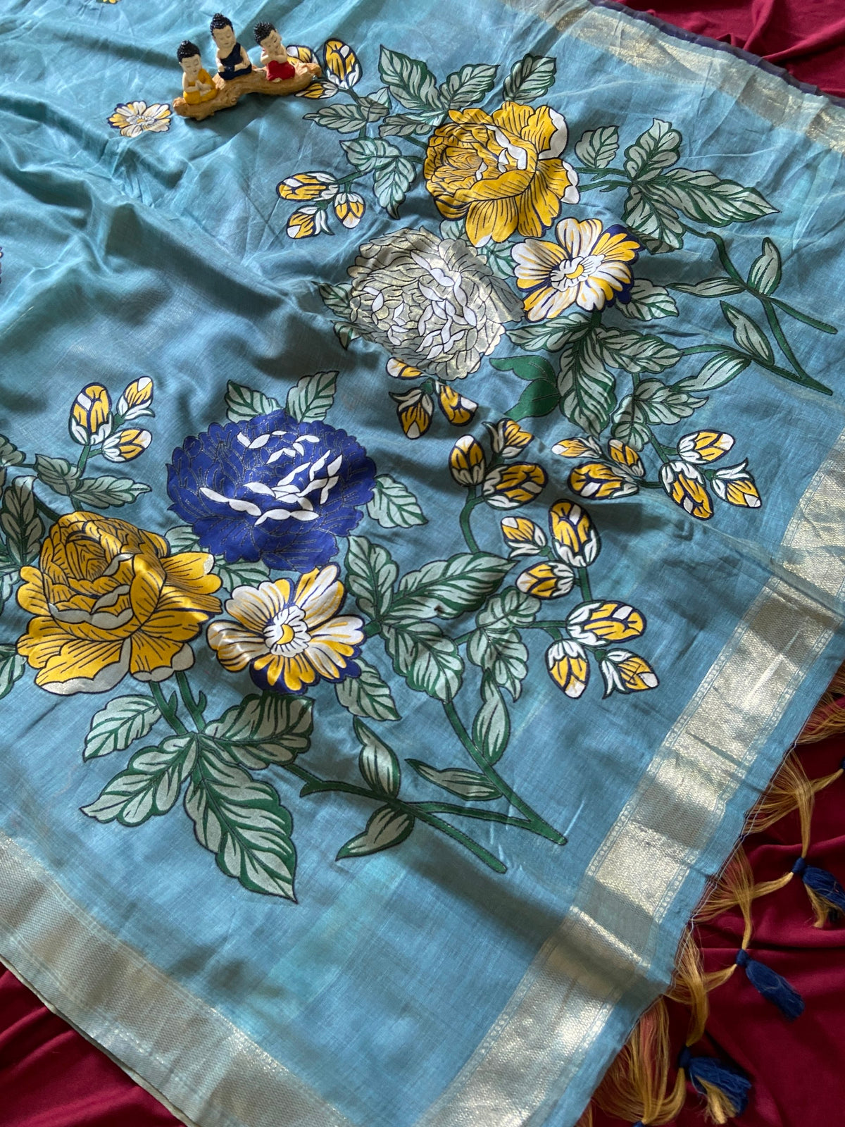 Sky Blue Muga Cotton Floral Pallu Saree, view 2