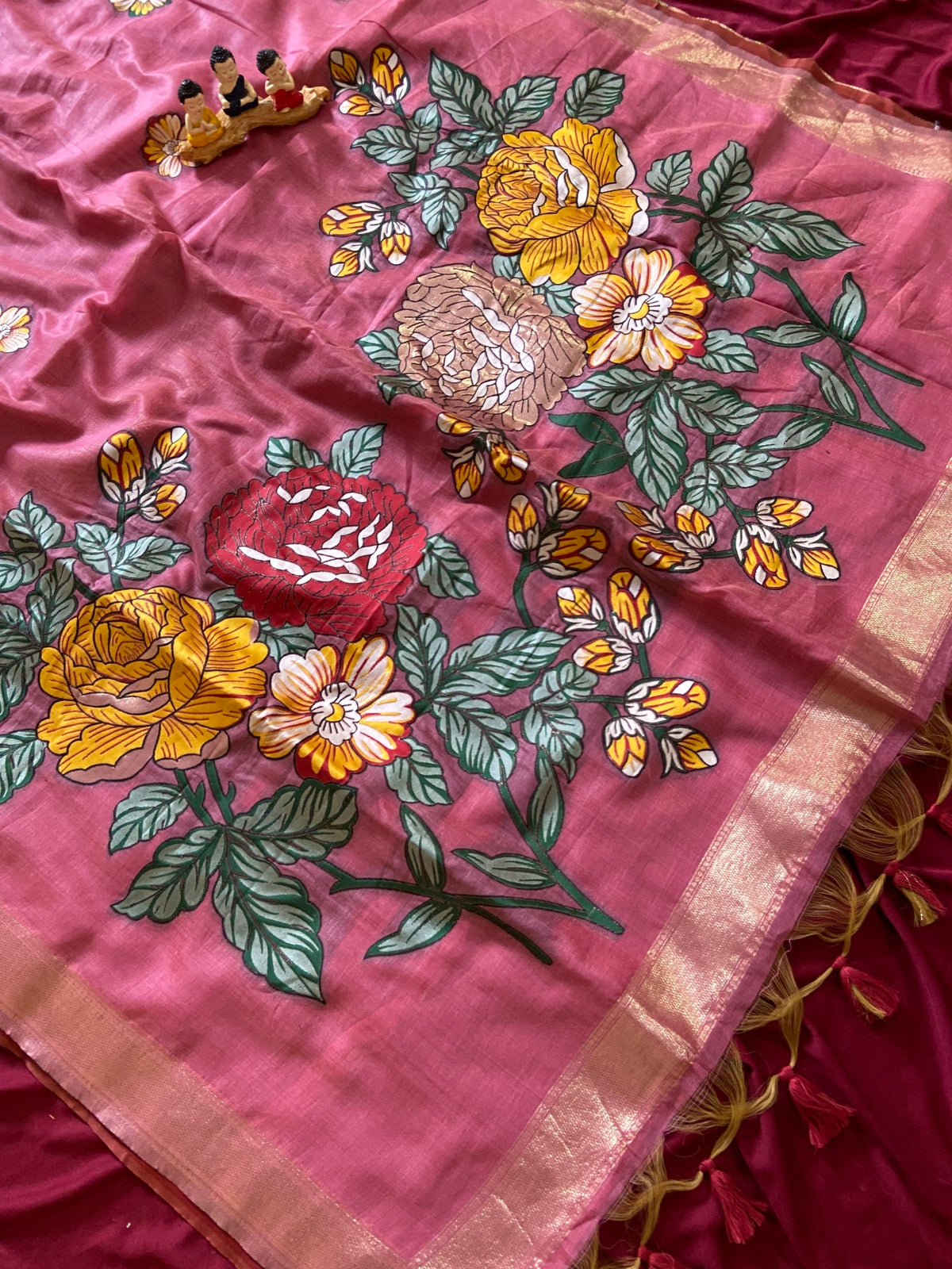 Pink Muga Cotton Floral Pallu Saree, view 2
