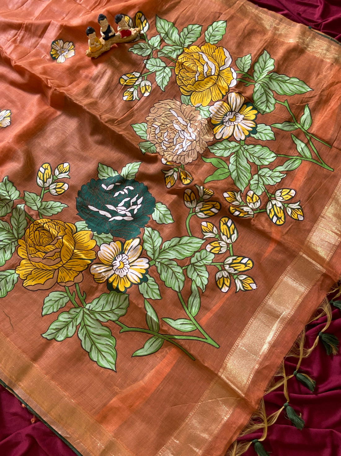 Orange Muga Cotton Floral Pallu Saree