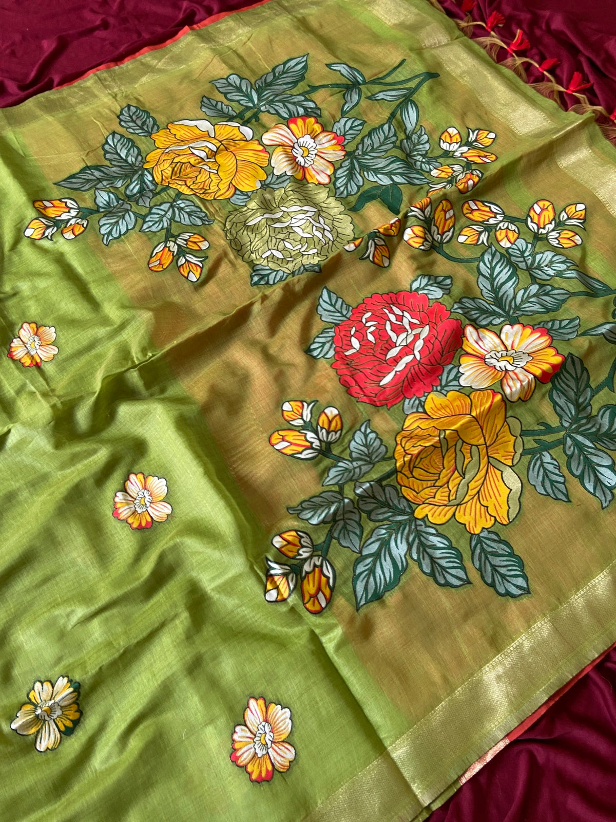 Parrot Green Muga Cotton Floral Pallu Saree, view 3