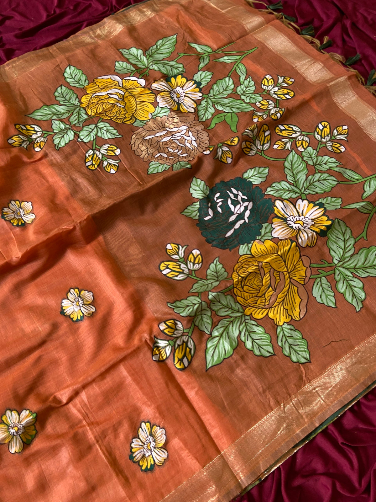 Orange Muga Cotton Floral Pallu Saree, view 3