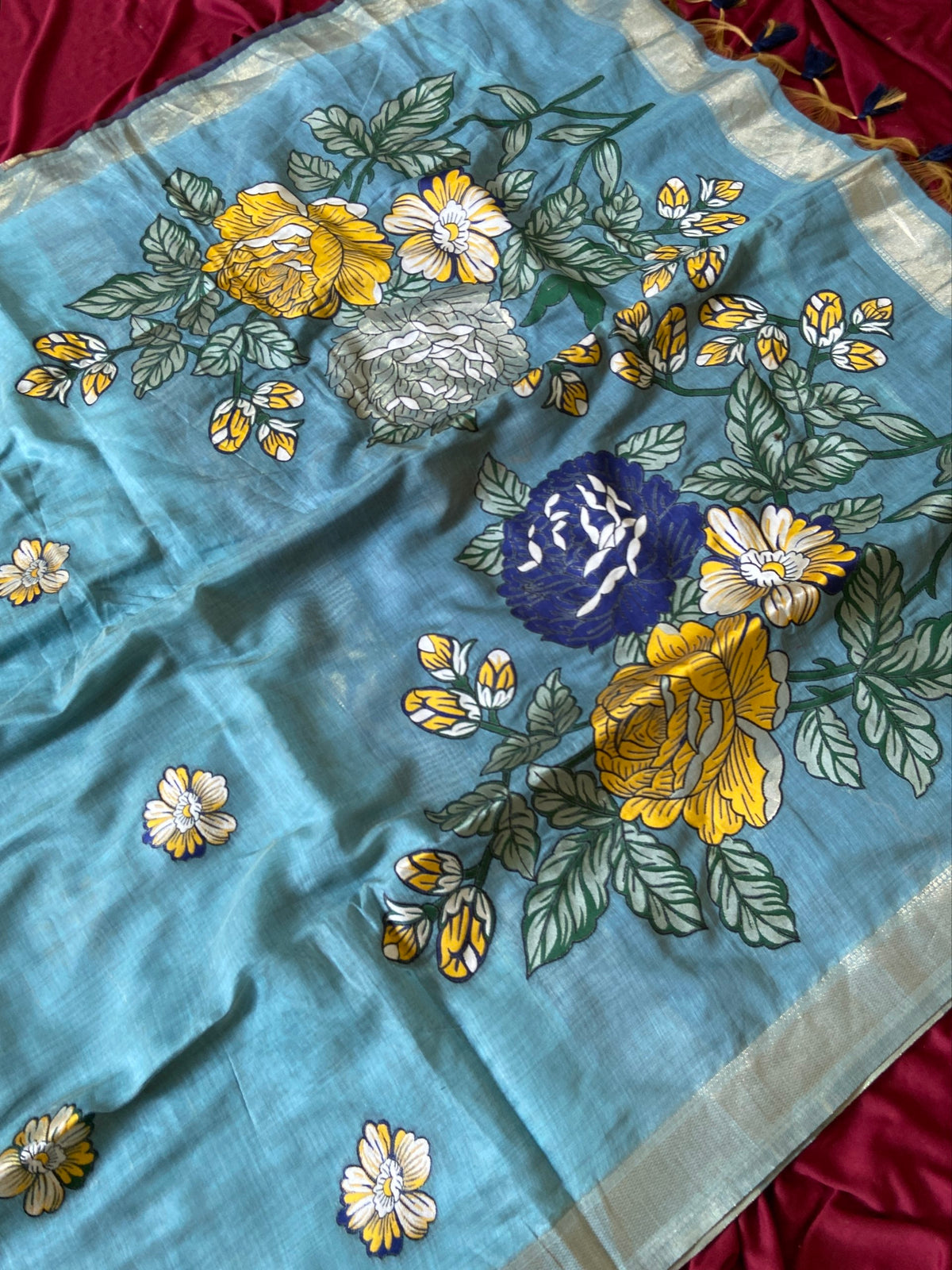Sky Blue Muga Cotton Floral Pallu Saree, view 3