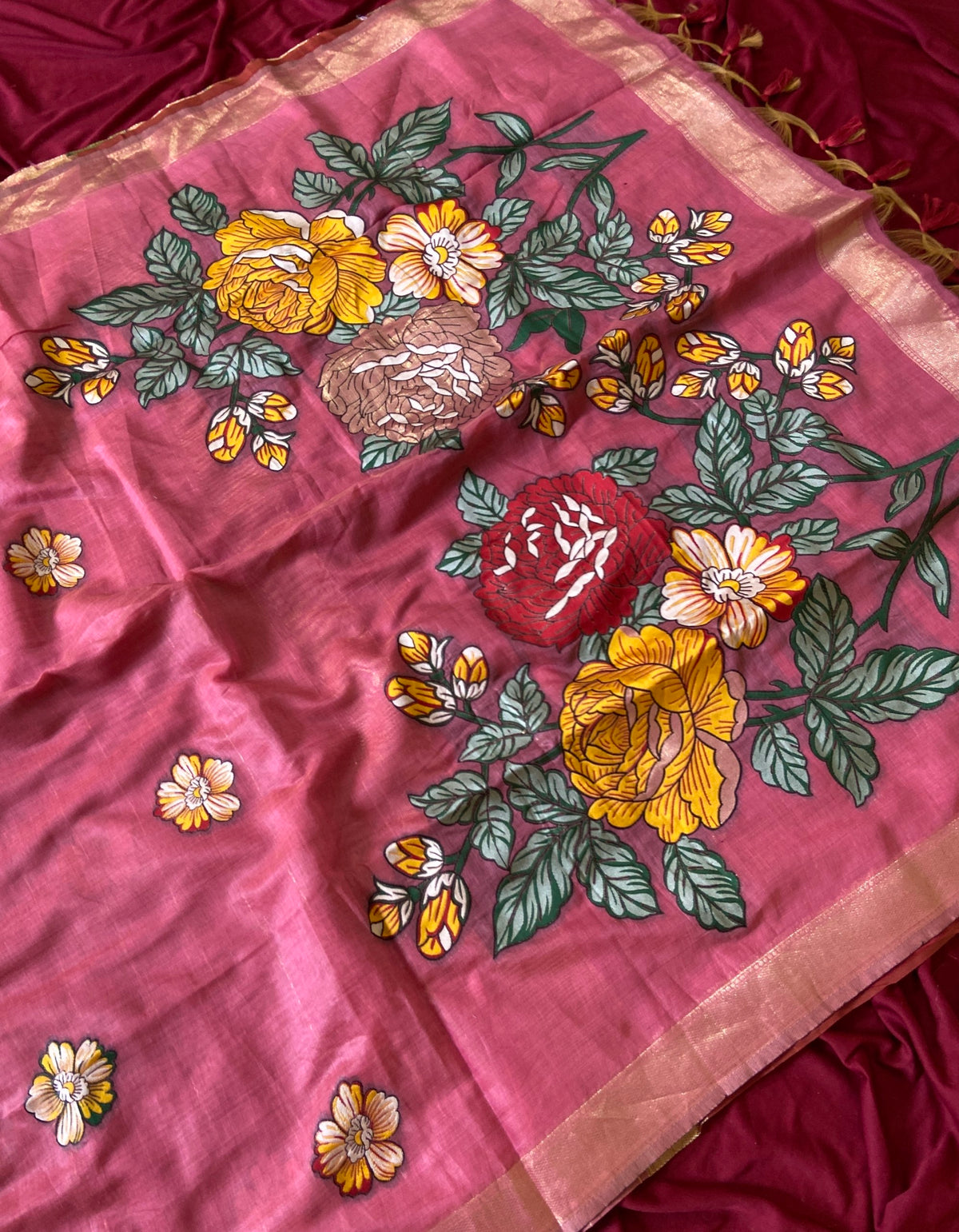 Pink Muga Cotton Floral Pallu Saree, view 3