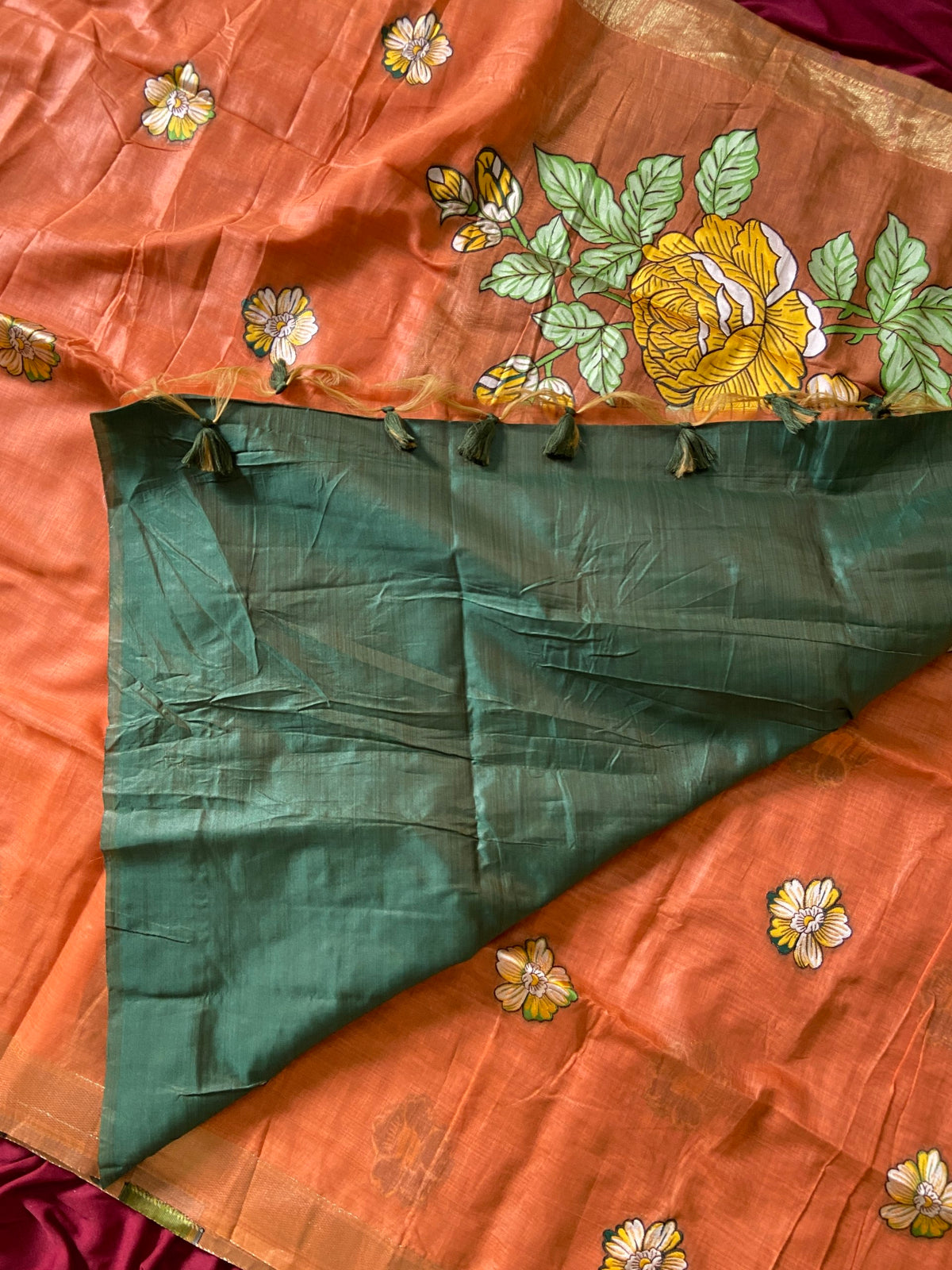 Orange Muga Cotton Floral Pallu Saree, view 4