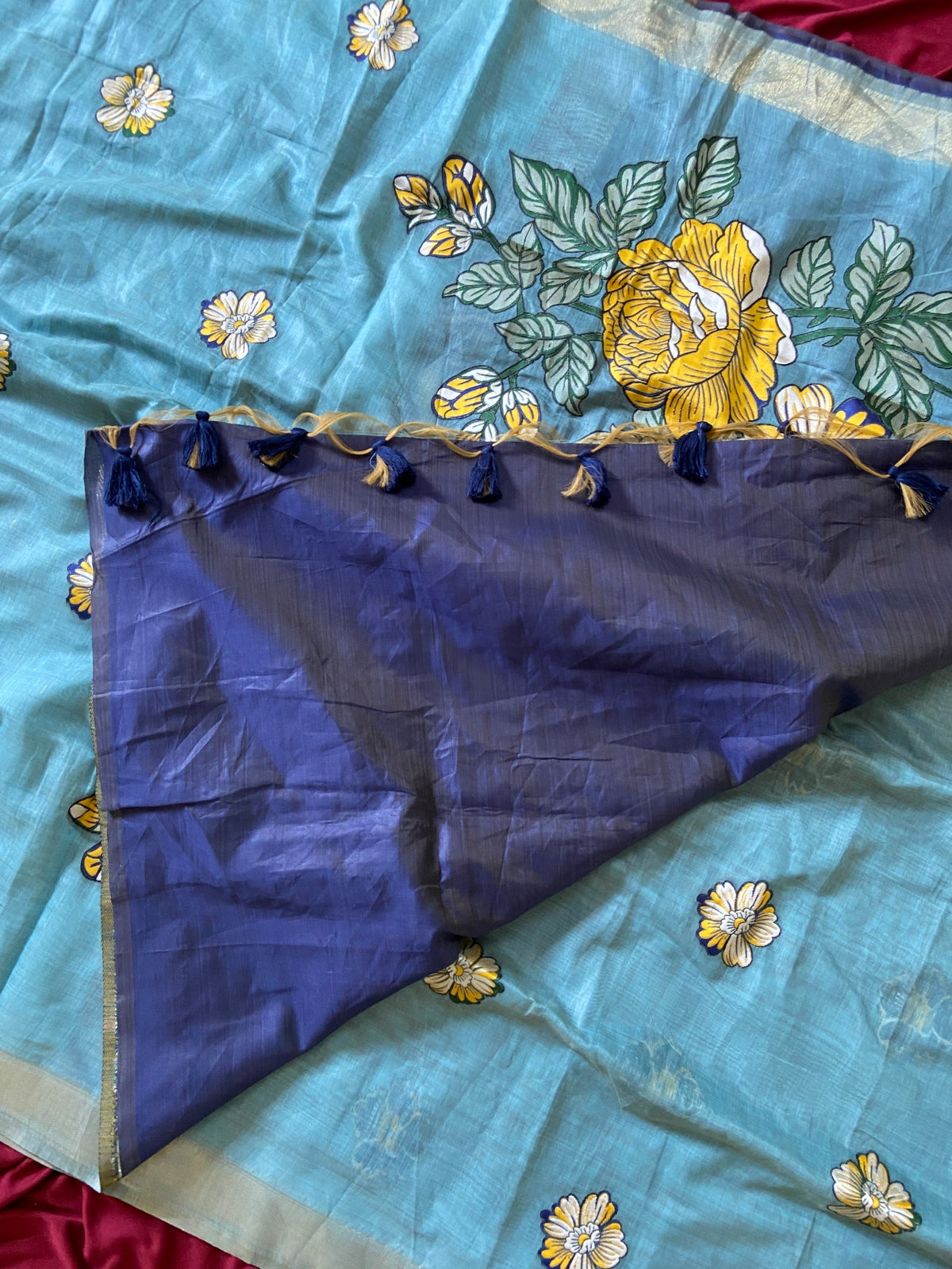 Sky Blue Muga Cotton Floral Pallu Saree, view 4