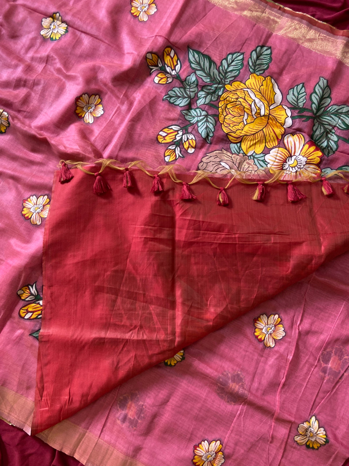 Pink Muga Cotton Floral Pallu Saree, view 4