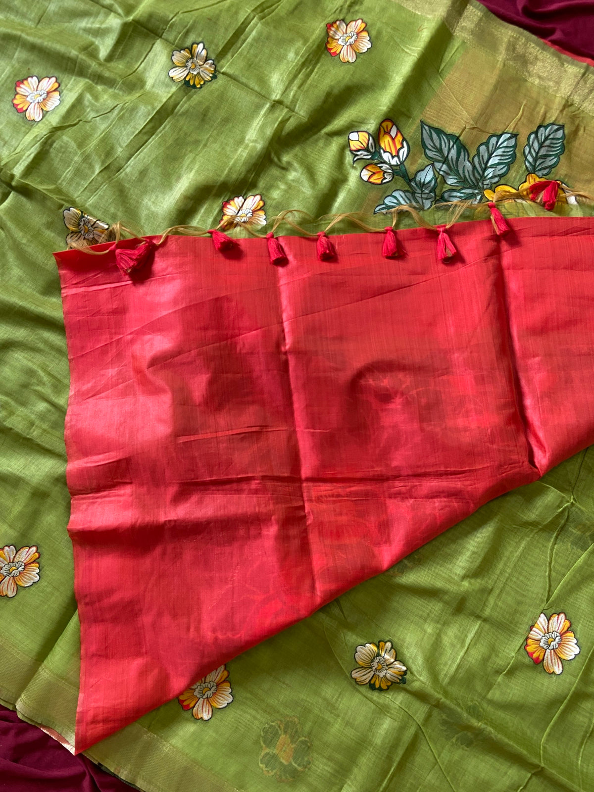 Parrot Green Muga Cotton Floral Pallu Saree, view 4