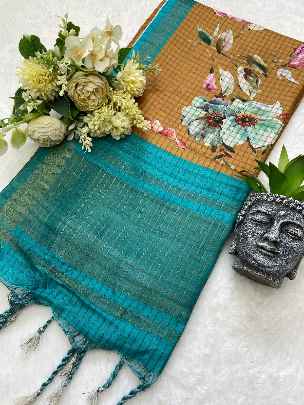 Mustard Tussar Silk Rose Print Saree