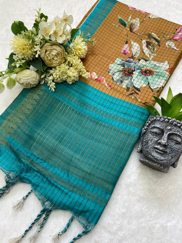 Mustard Tussar Silk Rose Print Saree