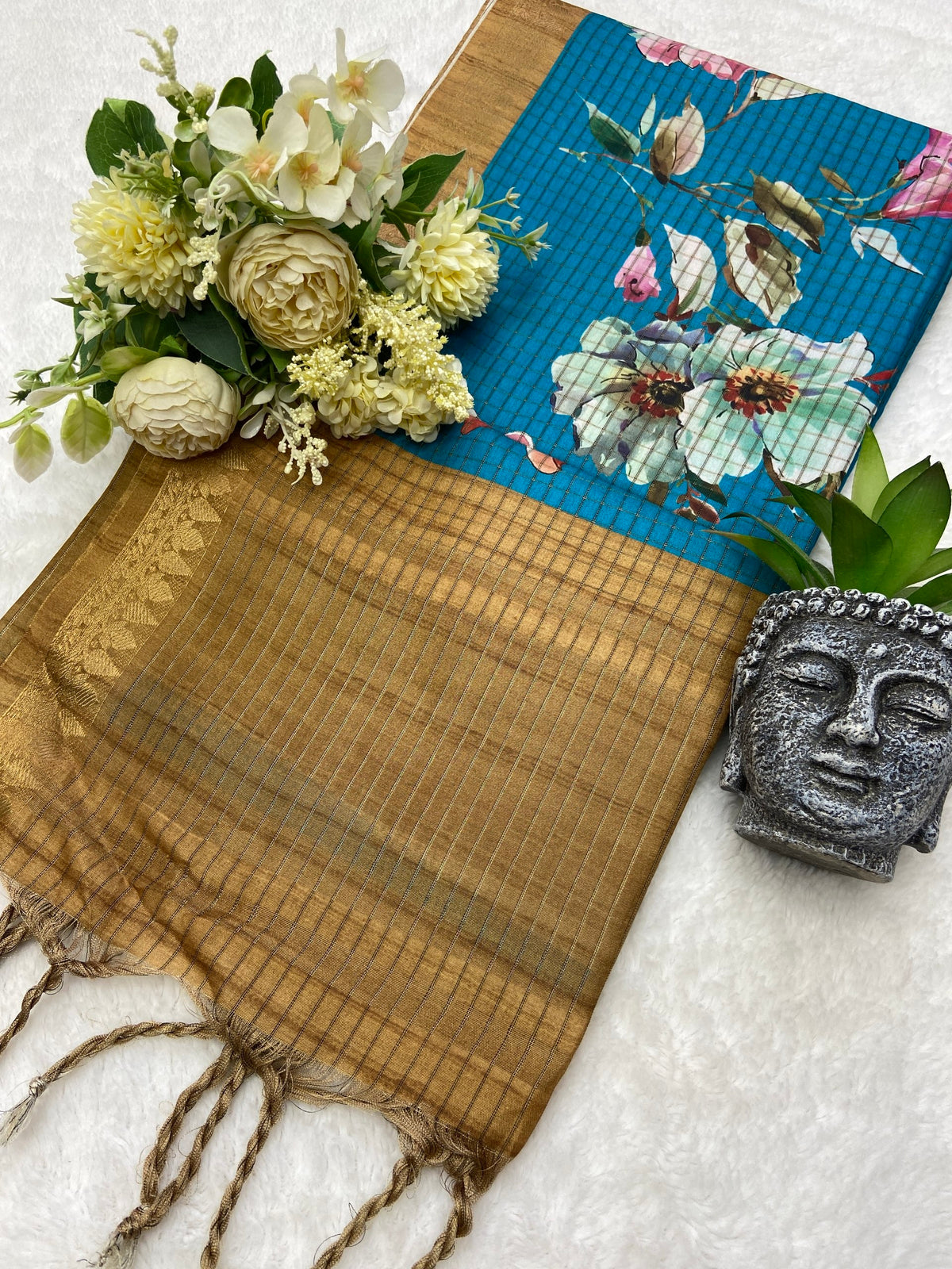 Turquoise Blue Tussar Silk Rose Print Saree