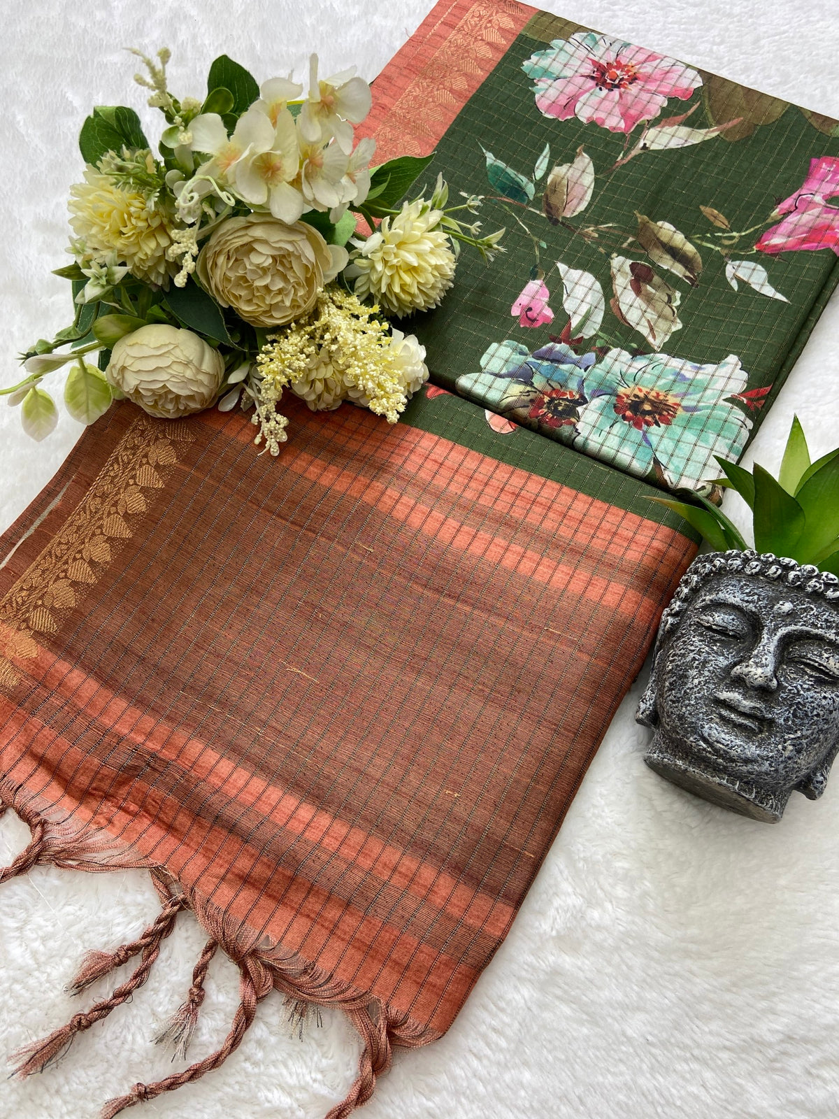 Olive Green Tussar Silk Rose Print Saree