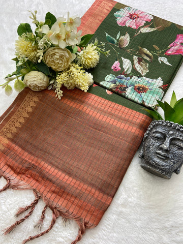 Olive Green Tussar Silk Rose Print Saree