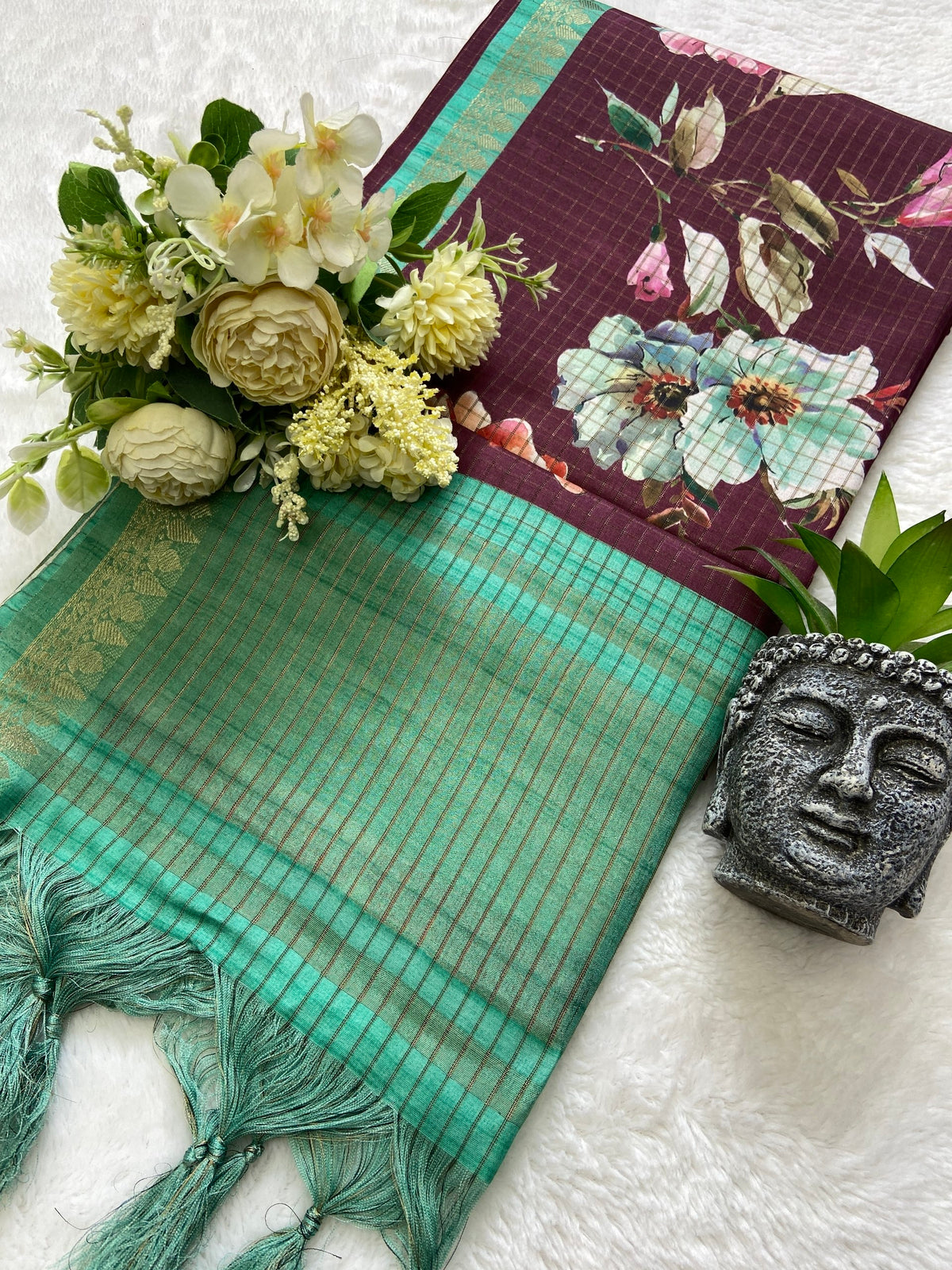 Wine Tussar Silk Rose Print Saree