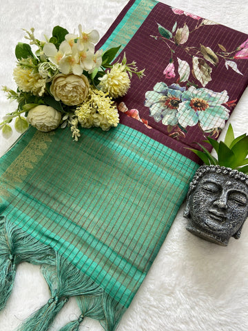 Wine Tussar Silk Rose Print Saree