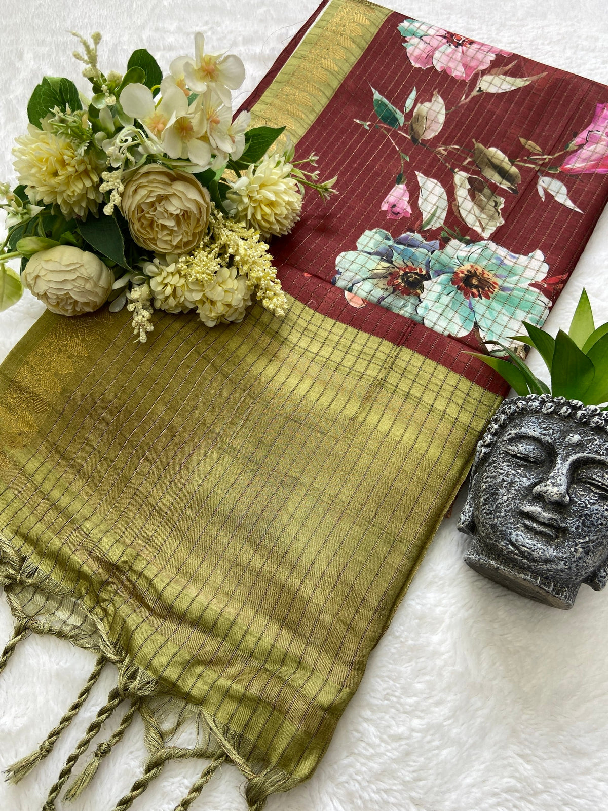 Maroon Tussar Silk Rose Print Saree