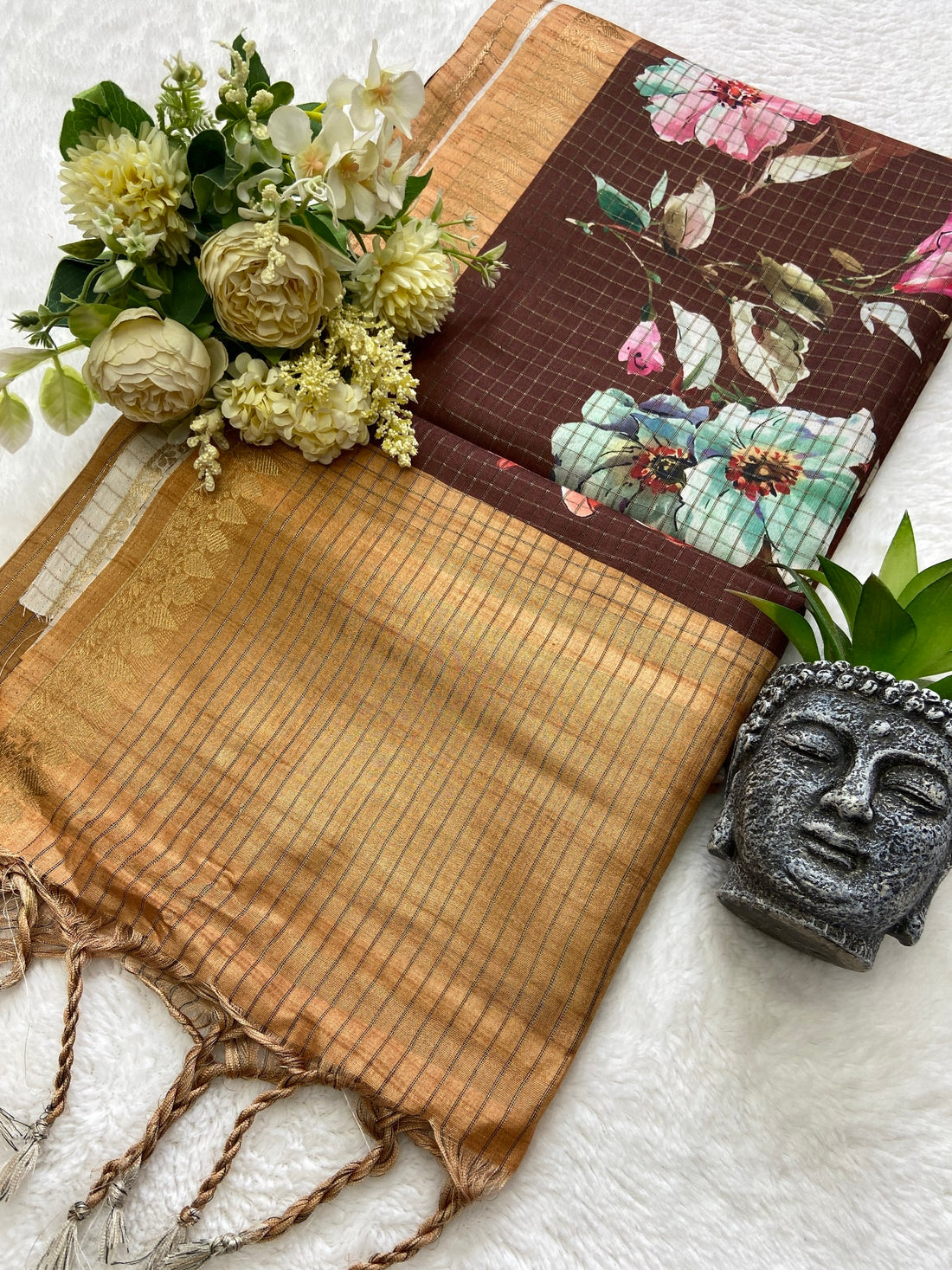 Coffee Brown Tussar Silk Rose Print Saree