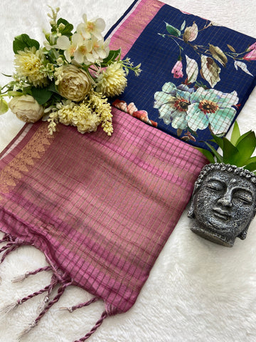 Navy Blue Tussar Silk Rose Print Saree