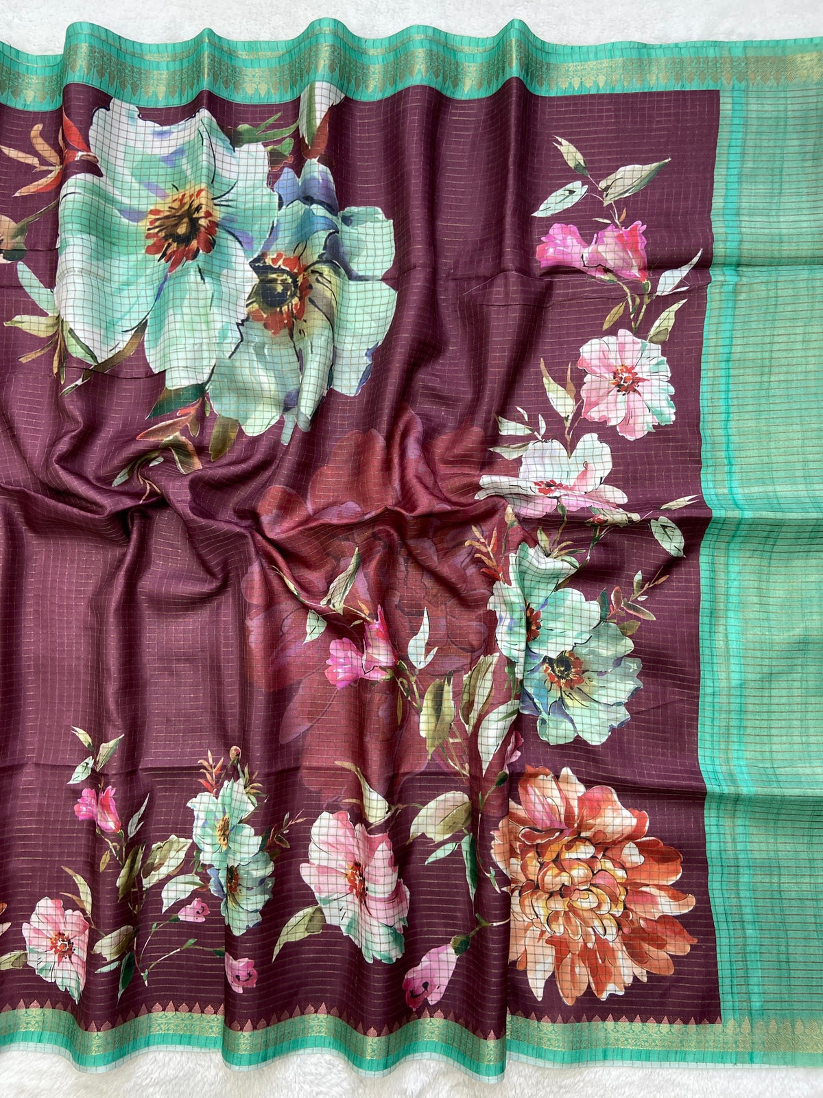 Wine Tussar Silk Rose Print Saree, view 2