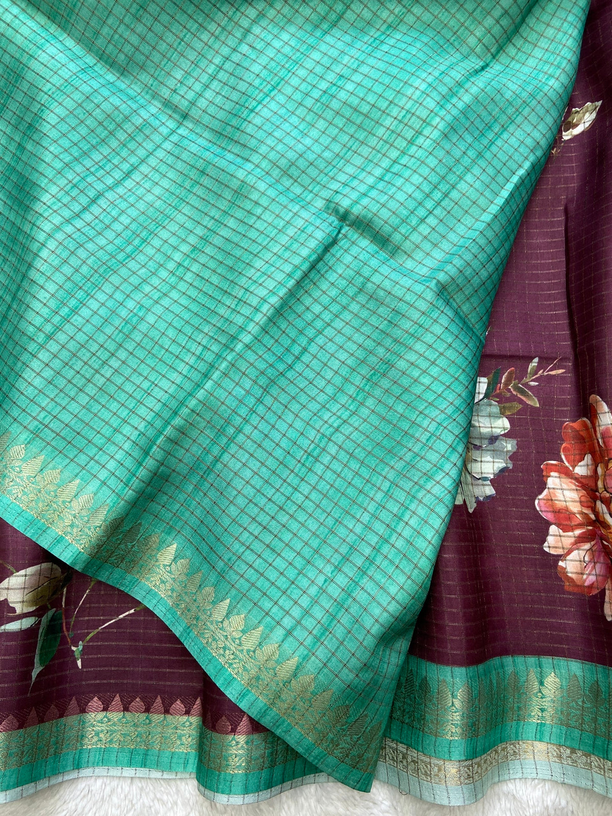 Wine Tussar Silk Rose Print Saree, view 3