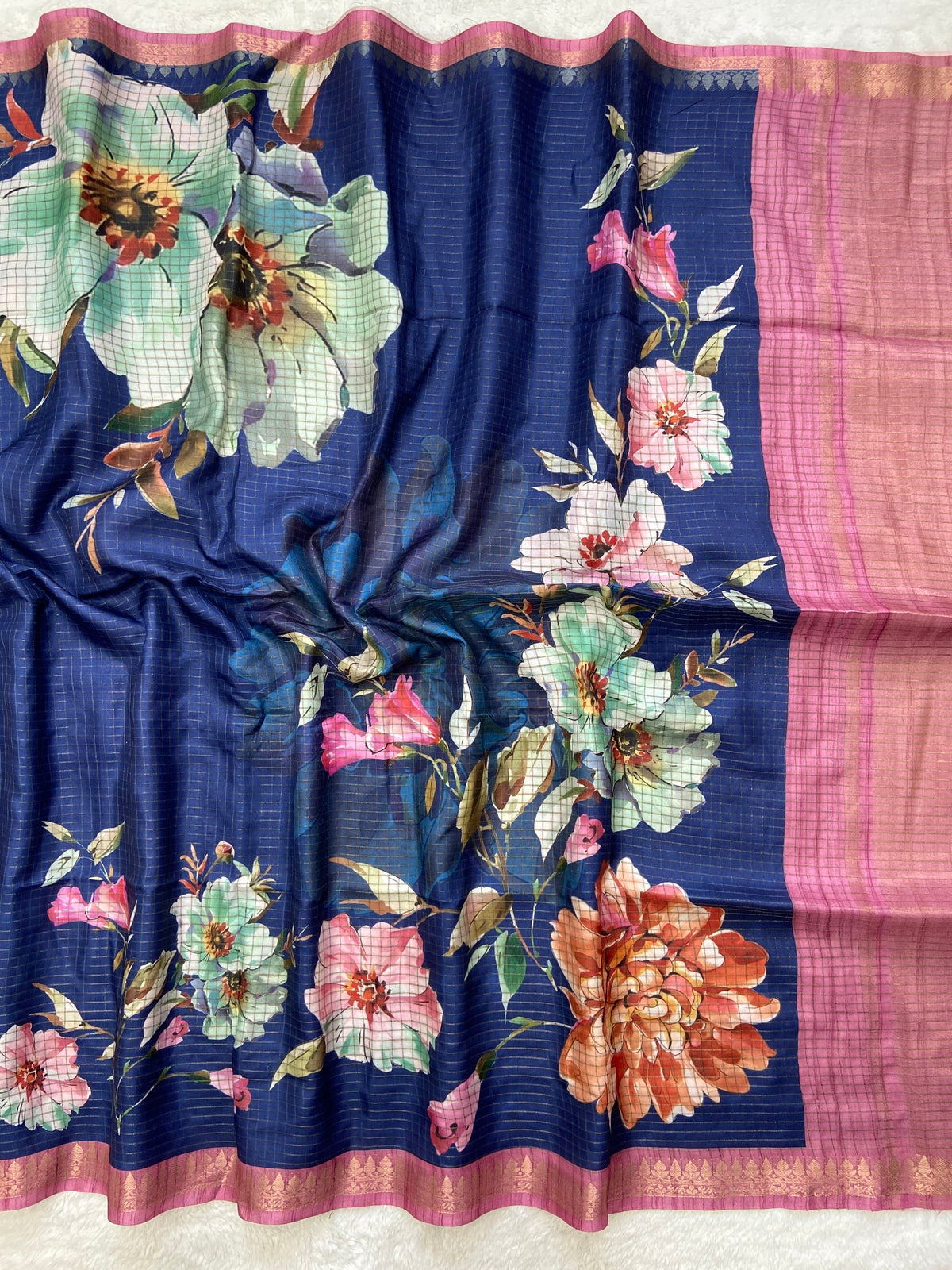 Navy Blue Tussar Silk Rose Print Saree, view 2