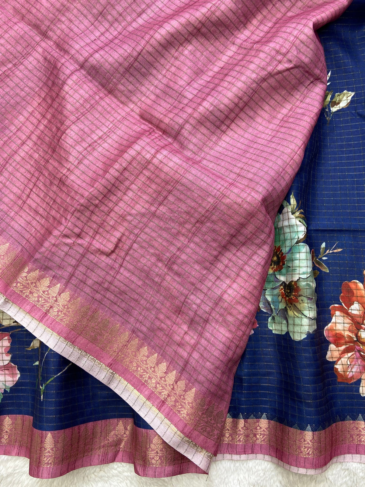 Navy Blue Tussar Silk Rose Print Saree, view 3