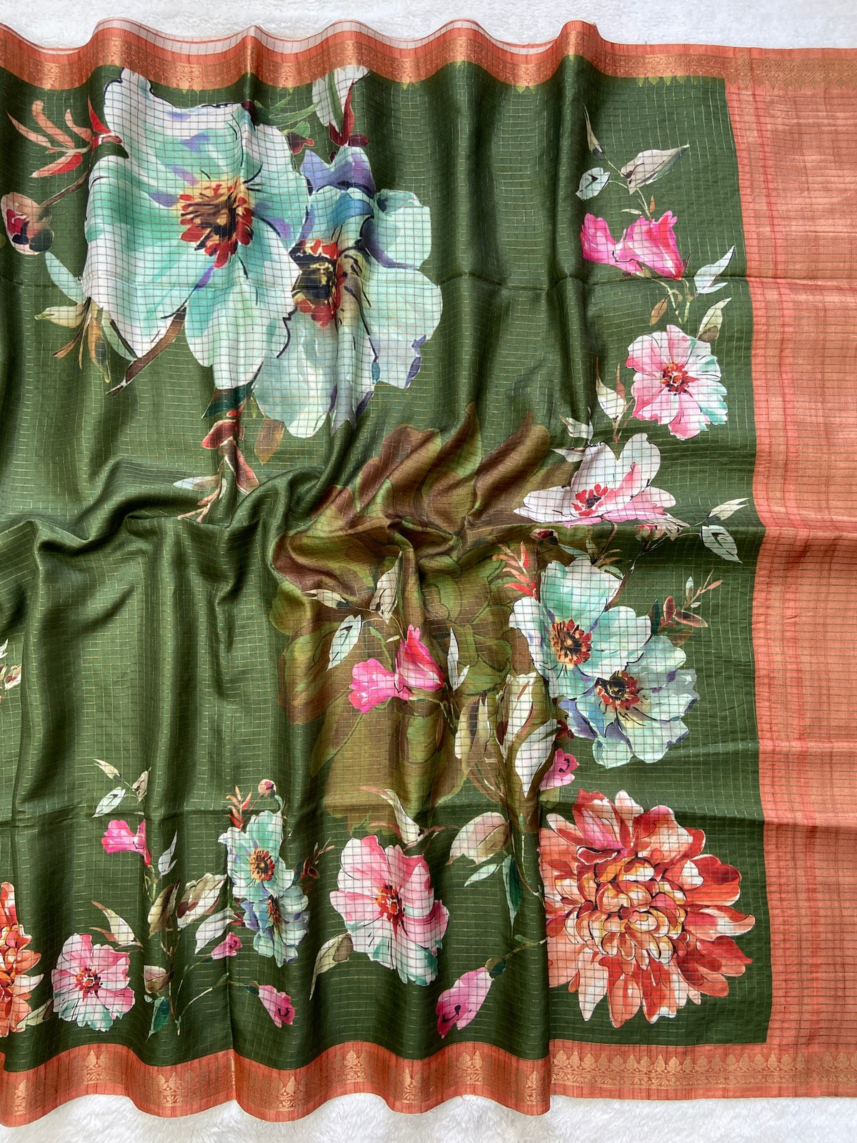 Olive Green Tussar Silk Rose Print Saree, view 2