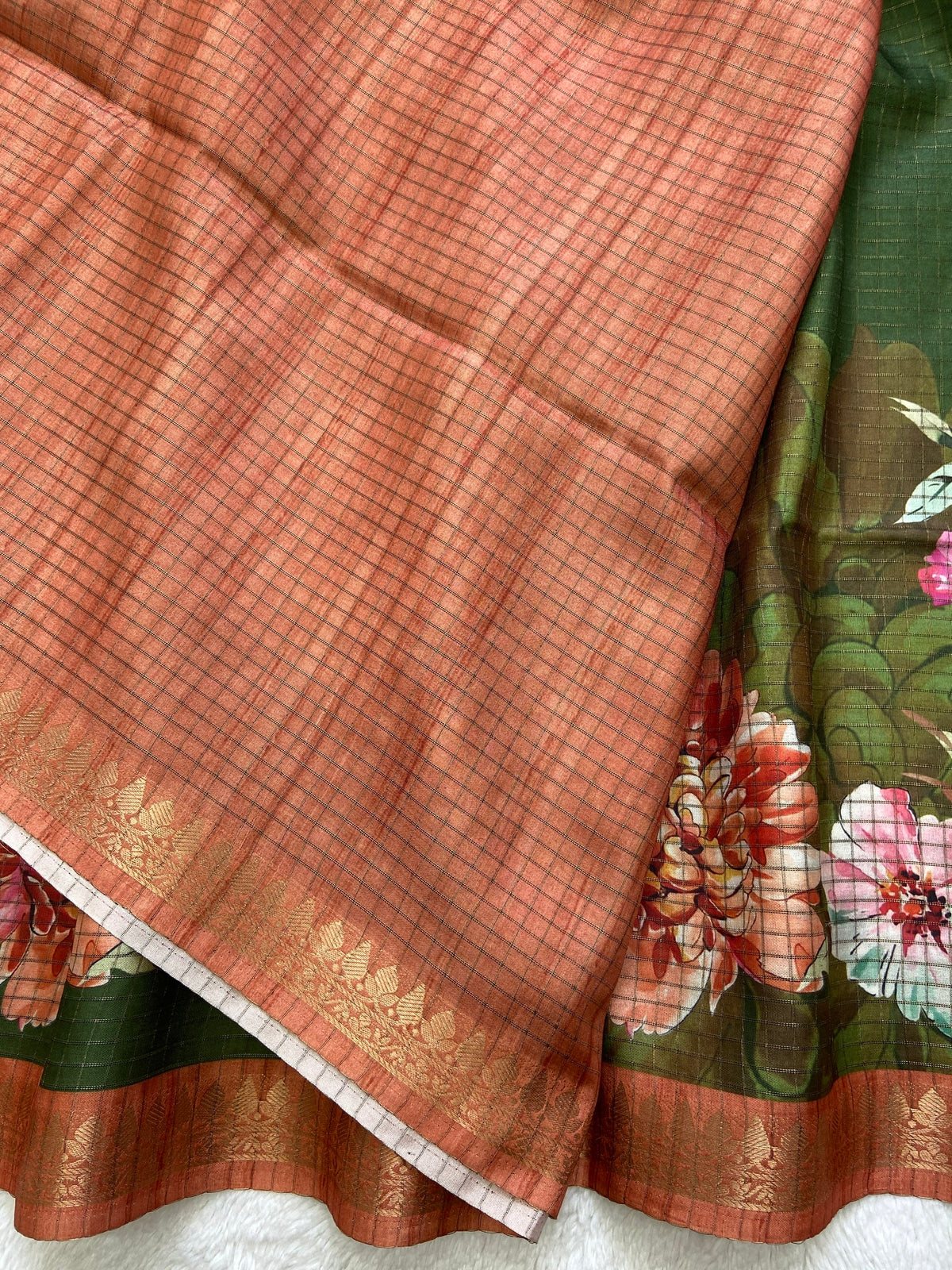 Olive Green Tussar Silk Rose Print Saree, view 3