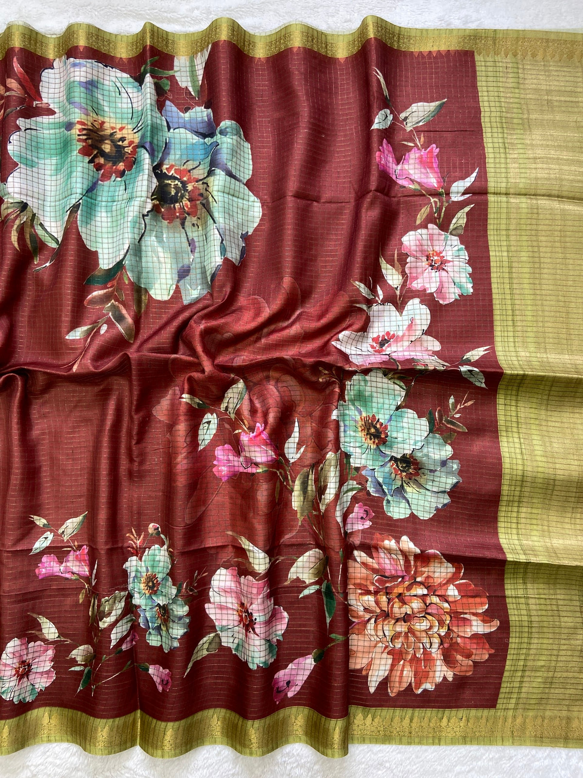 Maroon Tussar Silk Rose Print Saree, view 2