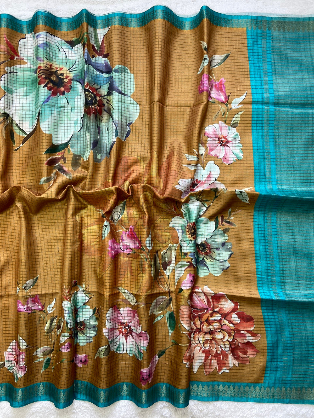 Mustard Tussar Silk Rose Print Saree, view 2