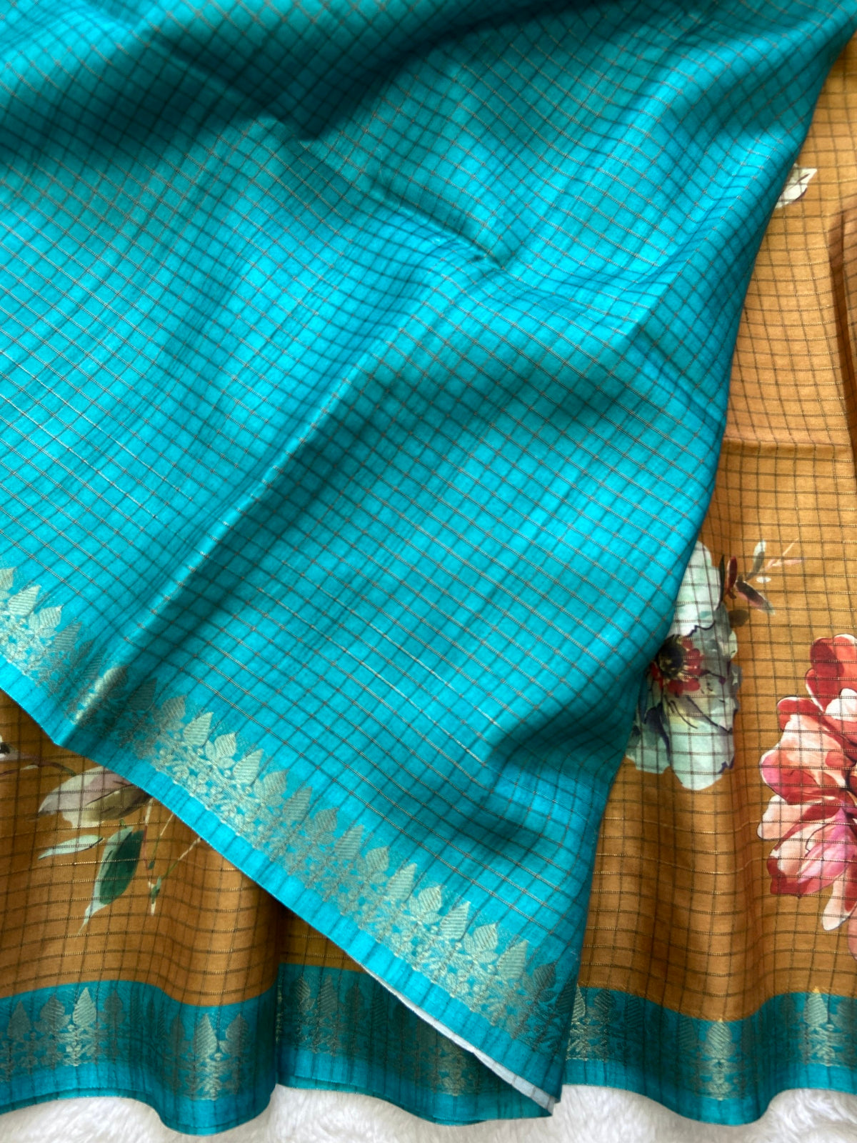 Mustard Tussar Silk Rose Print Saree, view 3