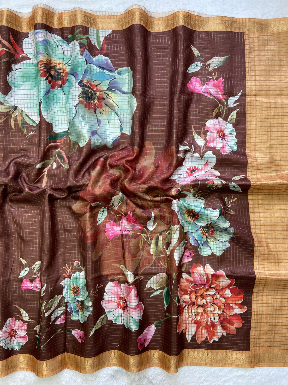 Coffee Brown Tussar Silk Rose Print Saree, view 2