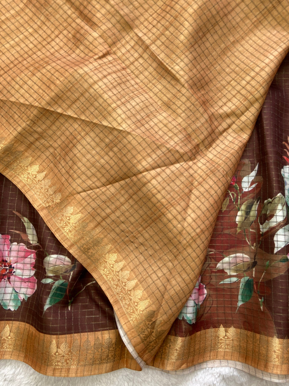 Coffee Brown Tussar Silk Rose Print Saree, view 3
