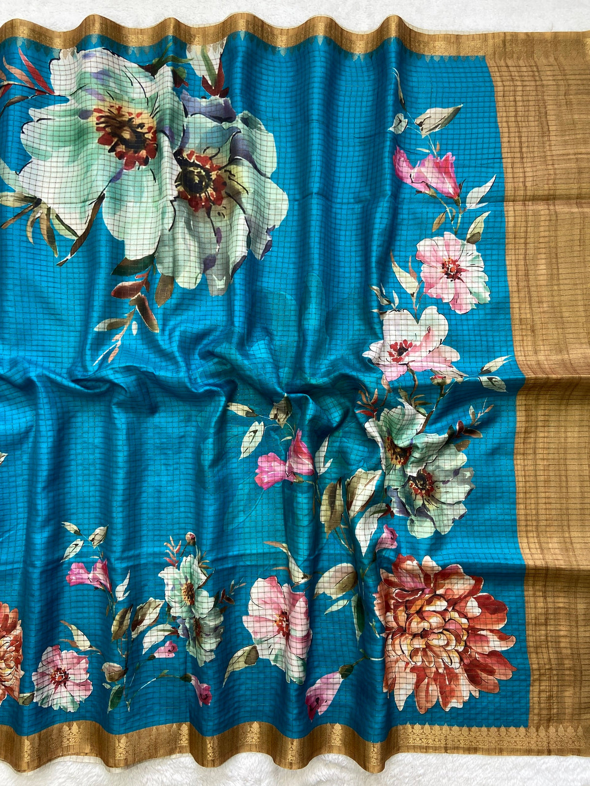 Turquoise Blue Tussar Silk Rose Print Saree, view 2