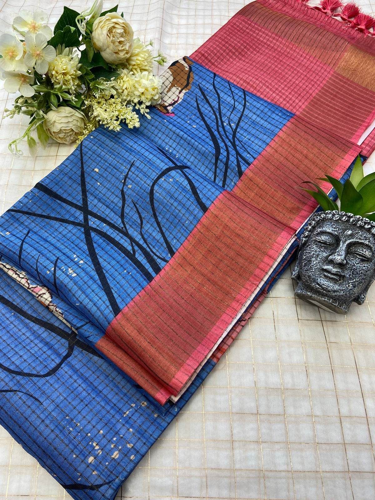 Royal Blue Tussar Silk Floral Print Saree