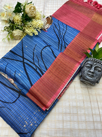 Royal Blue Tussar Silk Floral Print Saree