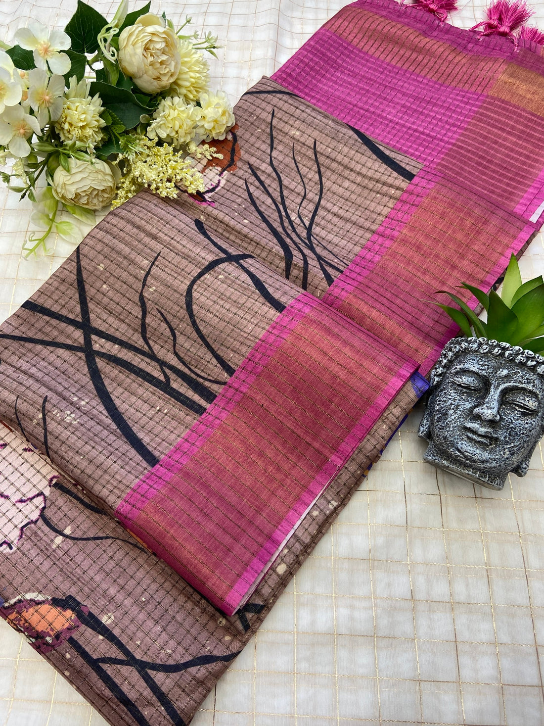 Taupe Brown Tussar Silk Floral Print Saree