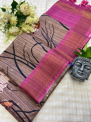 Taupe Brown Tussar Silk Floral Print Saree