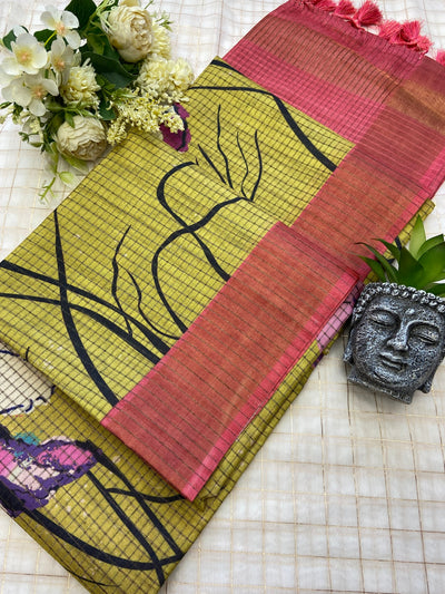 Olive Tussar Silk Floral Print Saree