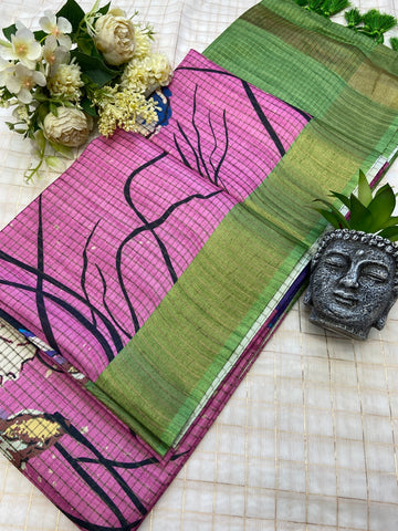 Pink Tussar Silk Floral Print Saree