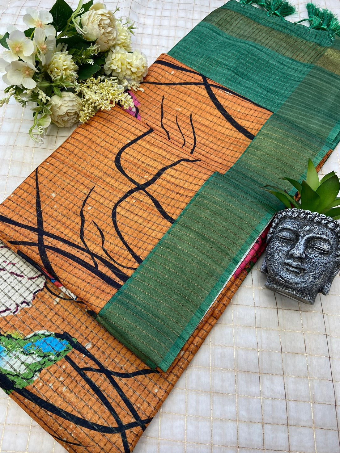 Orange Tussar Silk Floral Print Saree