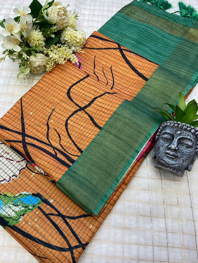 Orange Tussar Silk Floral Print Saree