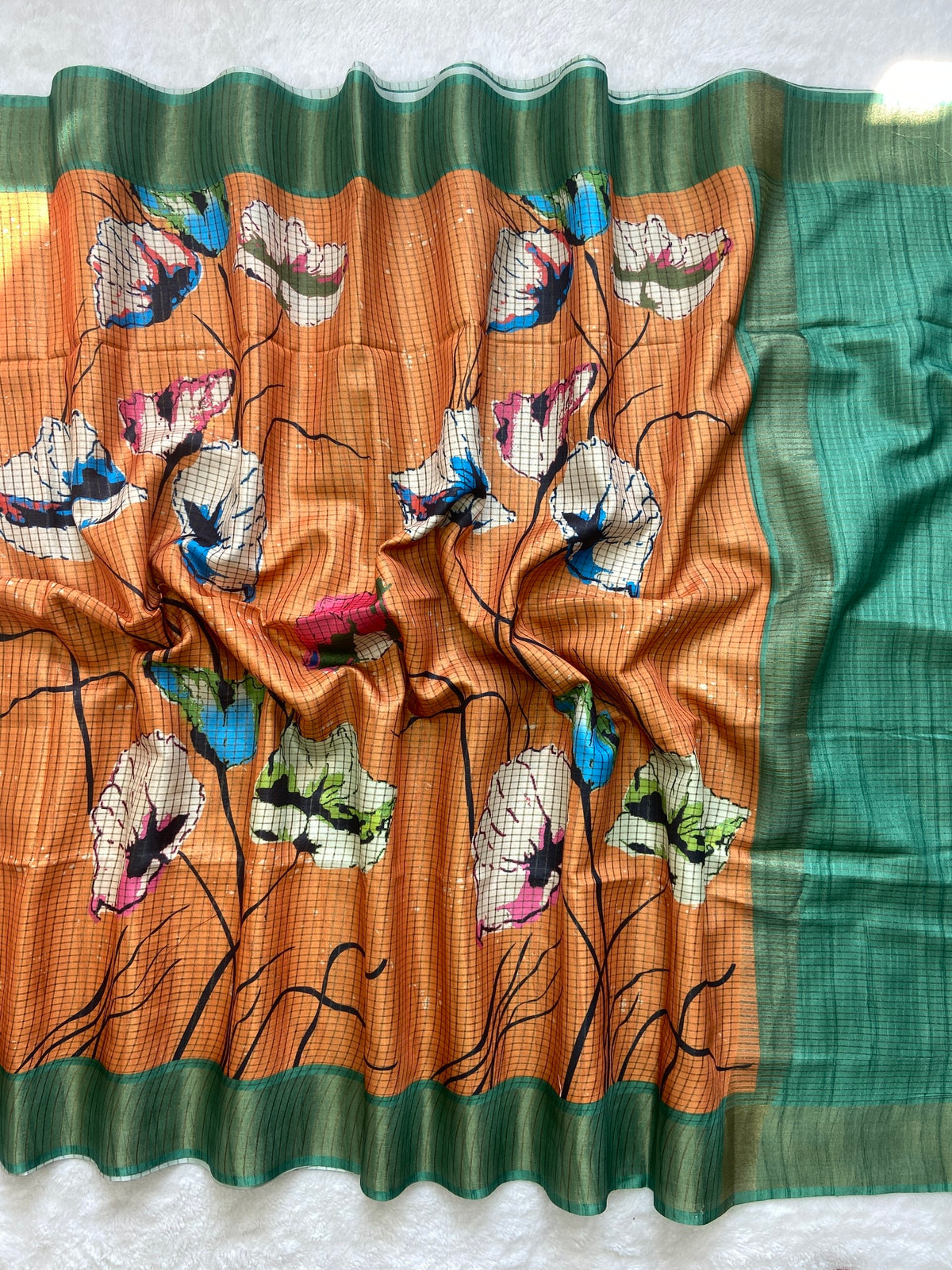 Orange Tussar Silk Floral Print Saree, view 2