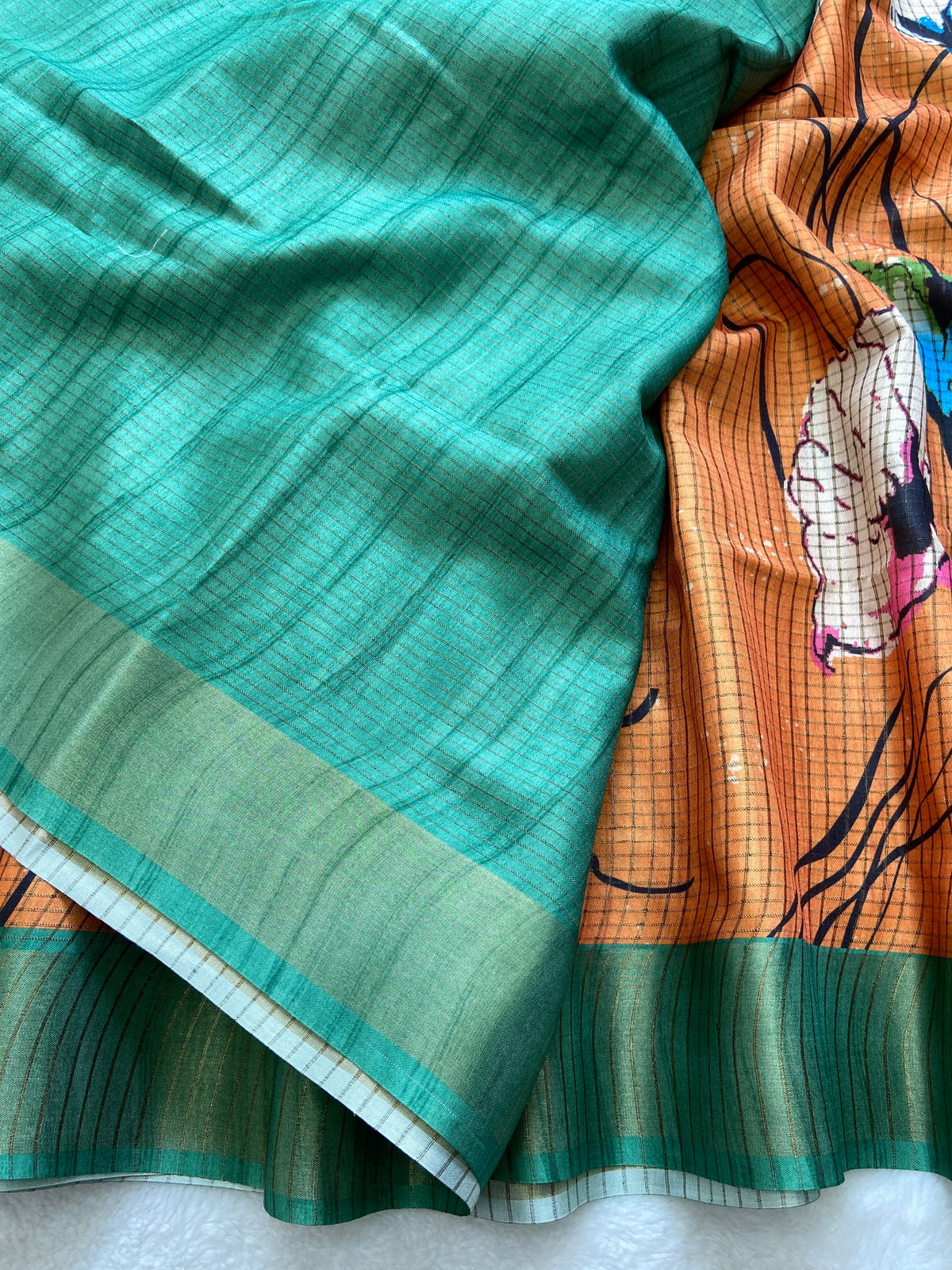 Orange Tussar Silk Floral Print Saree, view 3
