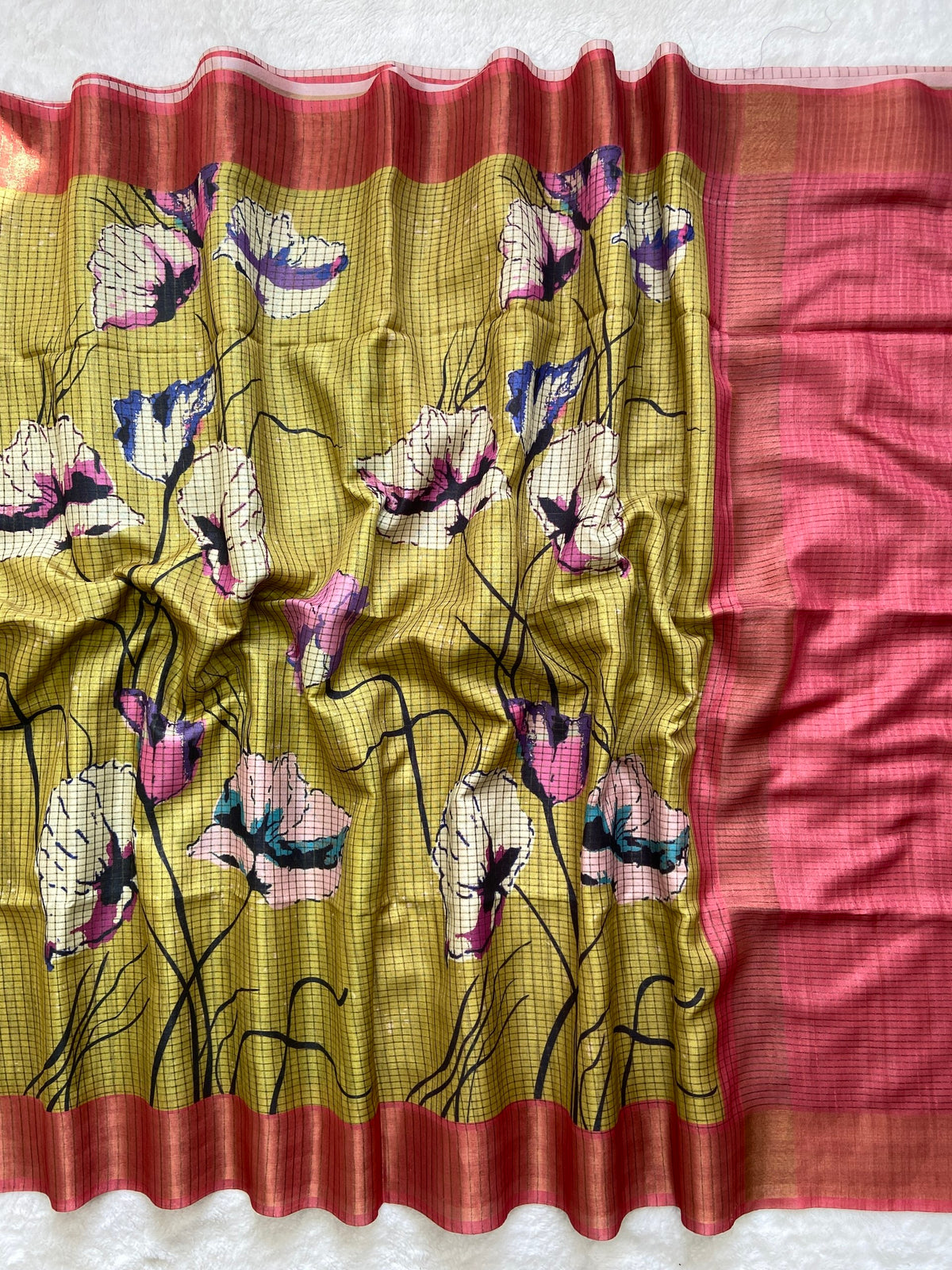 Olive Tussar Silk Floral Print Saree, view 2