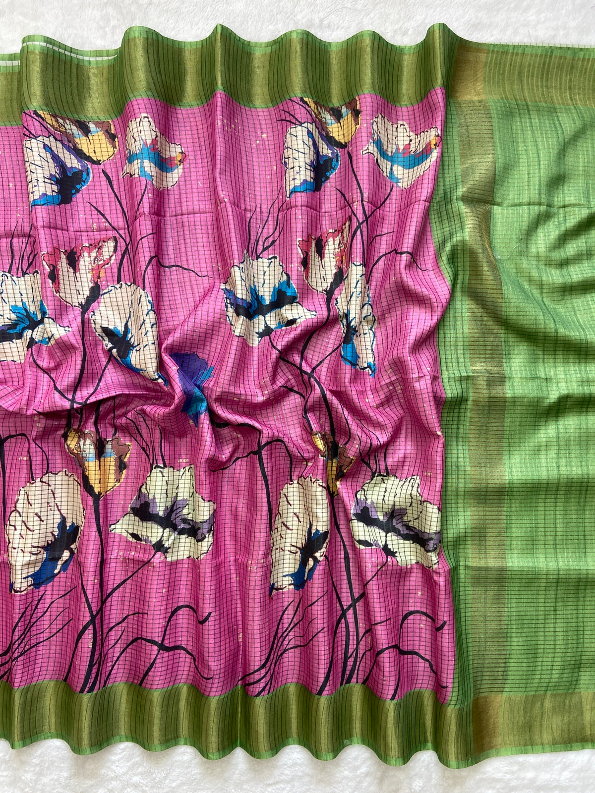 Pink Tussar Silk Floral Print Saree, view 2