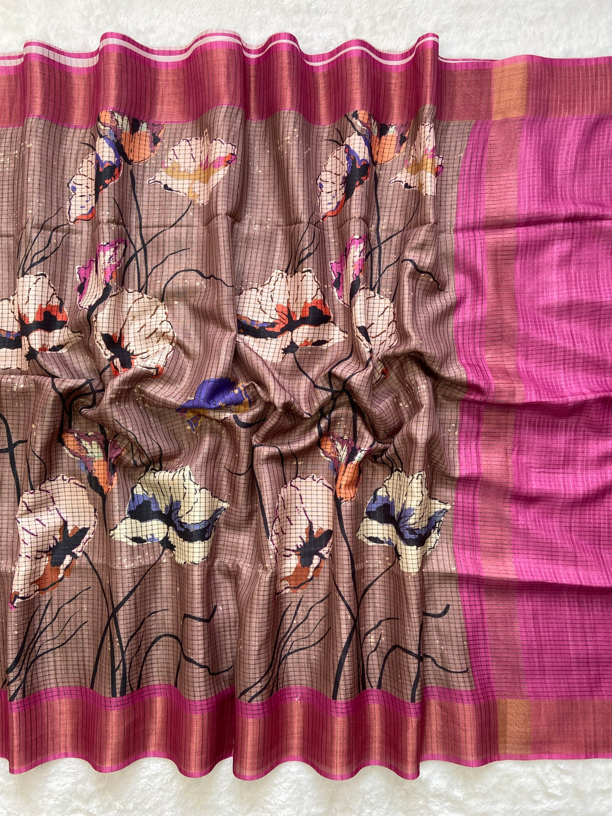 Taupe Brown Tussar Silk Floral Print Saree, view 2